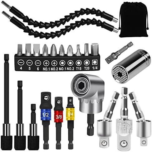 32-Piece Flexible Drill Bit Extension Set – 105° Right Angle Attachment, 3 Socket Adapters, Bendable Shaft, Impact Driver Kit