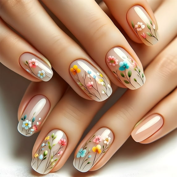 24pcs Flower Full Cover Nail with Pearl Design Mid-length Ballet False Nails Press on Square Fake Nail Tip Wearable Manicure Set