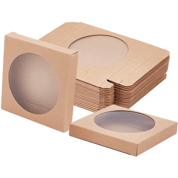 24pcs Foldable Creative Kraft Paper Box Wedding Favor Boxes Favour Box Paper Gift Box with Clear Window Rectangle BurlyWood 9x9x1.5cm