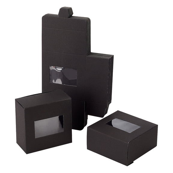 24pcs Foldable Creative Kraft Paper Box Wedding Favor Boxes Favour Box Paper Gift Box with Plastic Clear Window Rectangle Black 8x8x4cm