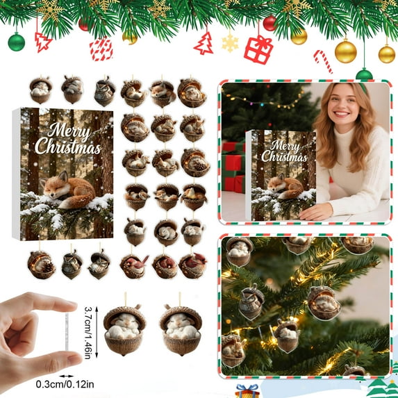 24pcs Forest Animal Acorn Ornaments – Cozy Forest Christmas Ornaments, 2025 New Pine Cone Decoration, Woodland Creature Figurine, Acrylic Hanging Ornament Home Party Décor