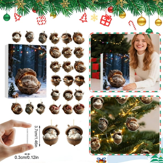 24pcs Forest Animal Acorn Ornaments – Cozy Forest Christmas Ornaments, 2025 New Pine Cone Decoration, Woodland Creature Figurine, Acrylic Hanging Ornament Home Party Décor
