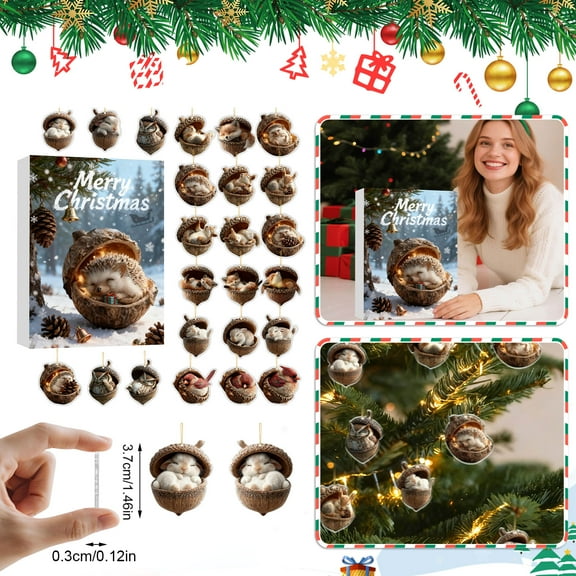 24pcs Forest Animal Acorn Ornaments – Cozy Forest Christmas Ornaments, 2025 New Pine Cone Decoration, Woodland Creature Figurine, Acrylic Hanging Ornament Home Party Décor