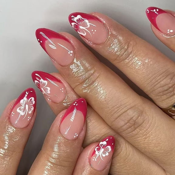 24pcs French Tip False Nails Almond on Nails with Flower Designs Acrylic Nails Manicure Nails Art