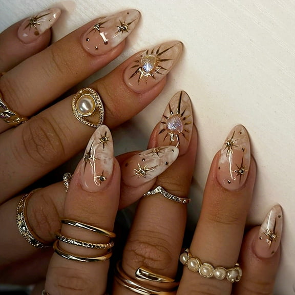 24pcs Glossy French Almond False Nails with Star Moon Sun Designs Press on Nails Acrylic Full Covers Office Wear Nails