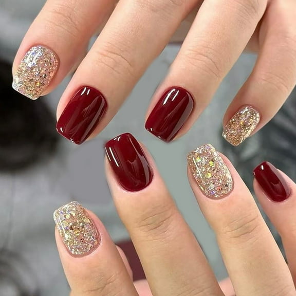 24pcs Glossy Red Glitters Short Square Styles Durability Fake Nails For Christmas And New Year Party