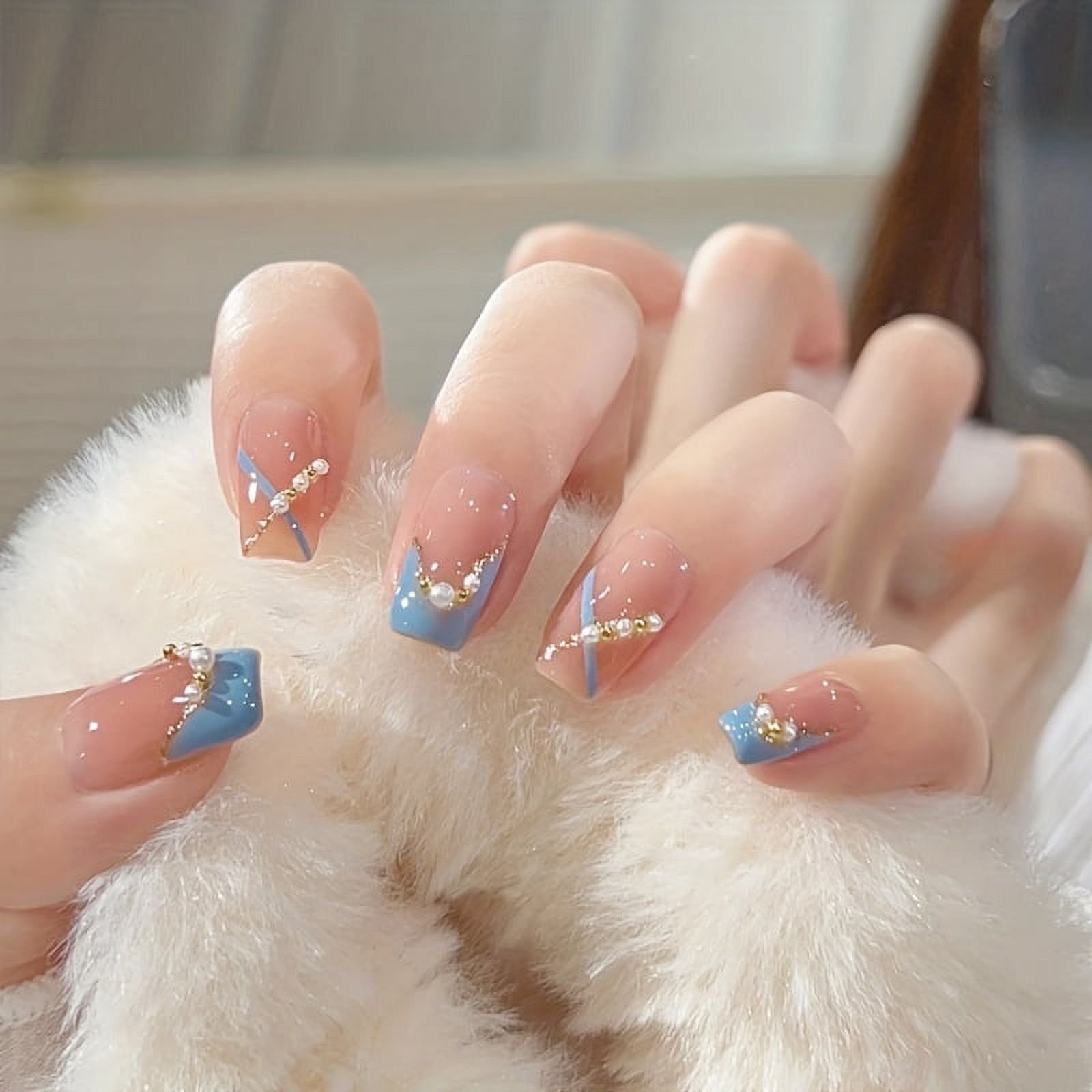 24pcs Glossy Short Square Fake Nails, Blue French Tip Press On Nails