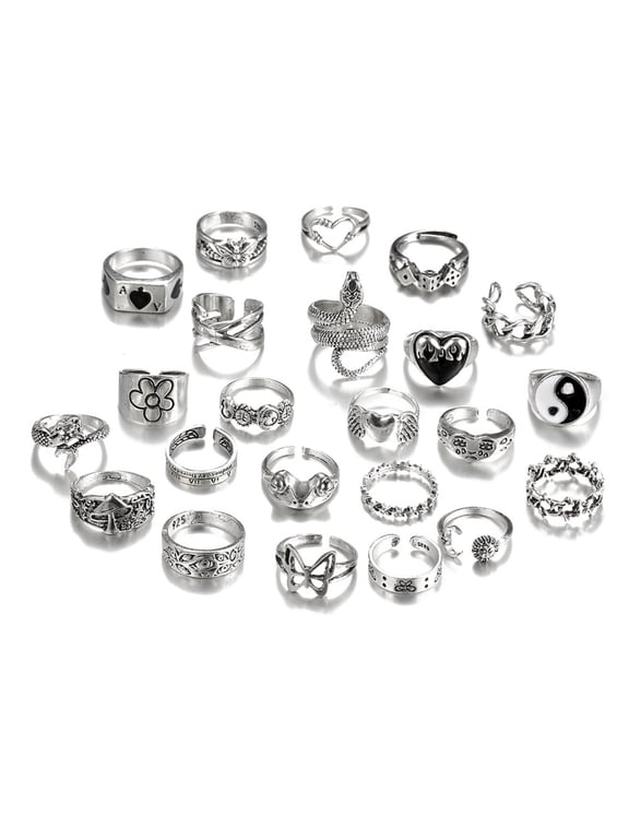 24pcs Gothic Rings Set for Women and Men Silver Punk Grunge Vintage Jewelry with Heart Snake Flower Designs