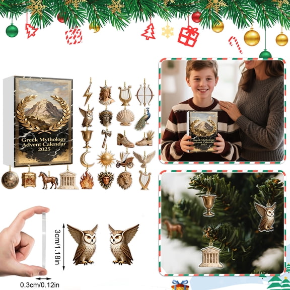 24pcs Greek Mythology Themed Advent Calendar Set, 2D Flat Acrylic Hanging Pendant Christmas Countdown Mystery Box, 24-Day Holiday Surprise Ornament Collection Gift Box
