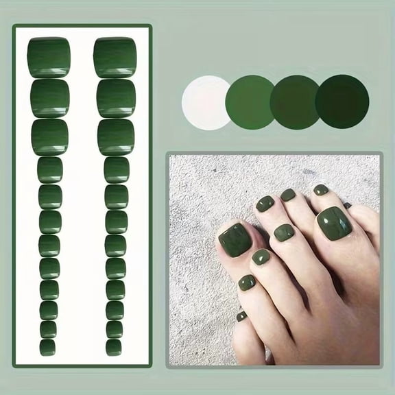 24pcs Green Square Press On Toenails Glossy Short Fake Nails for Pedicure