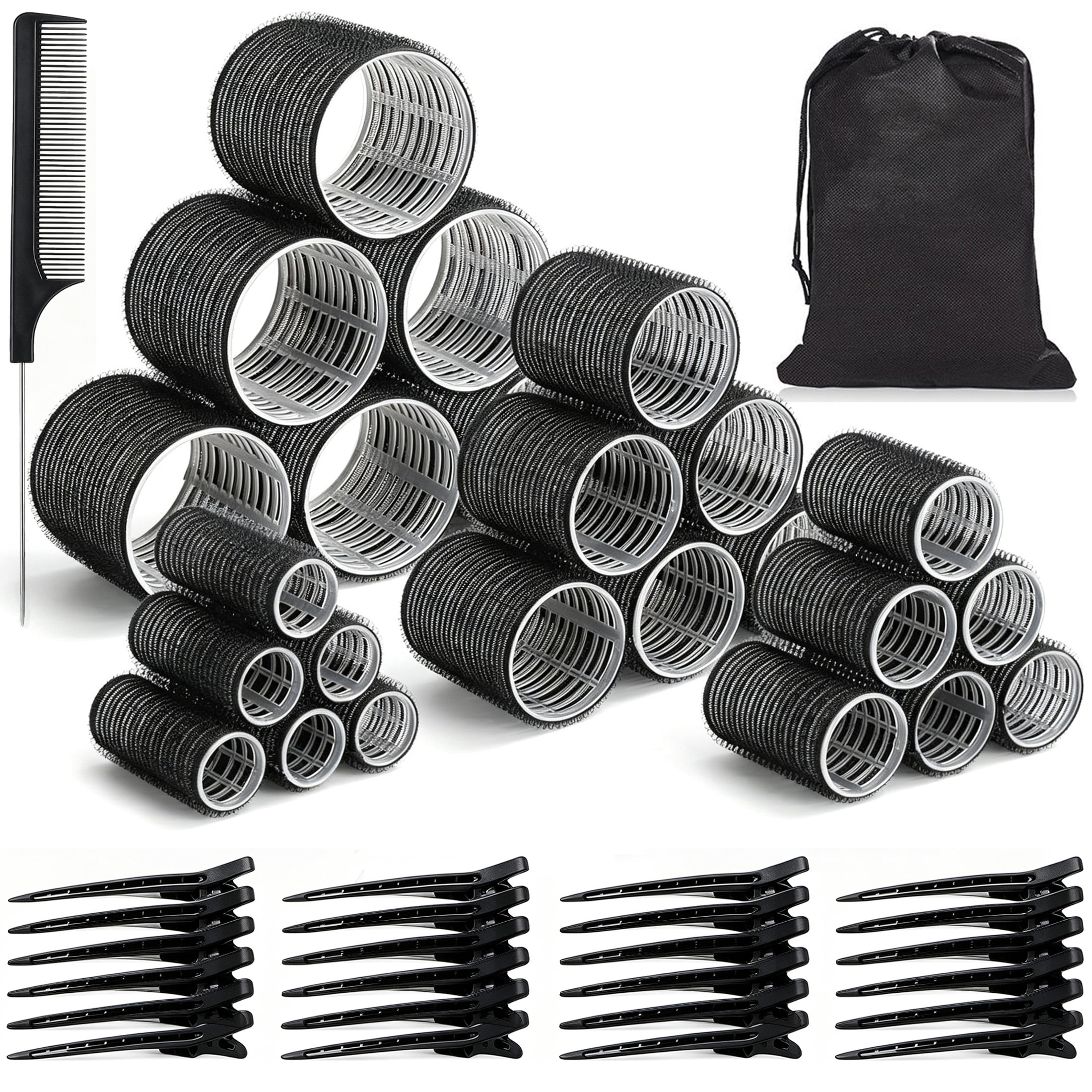 cisilov Self Grip Velcro Hair Rollers for Women, 4 Sizes Curlers for Long Short Hair with Hair Roller Clips, Comb & Storage Bag, Black