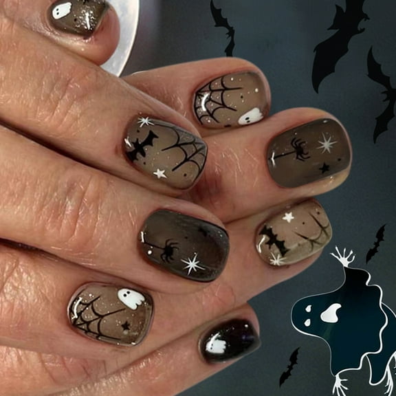 24pcs Halloween Press On Nails Cobweb Patterns With Eerie Bat Shadows Dark Theme Nails Art Accessories