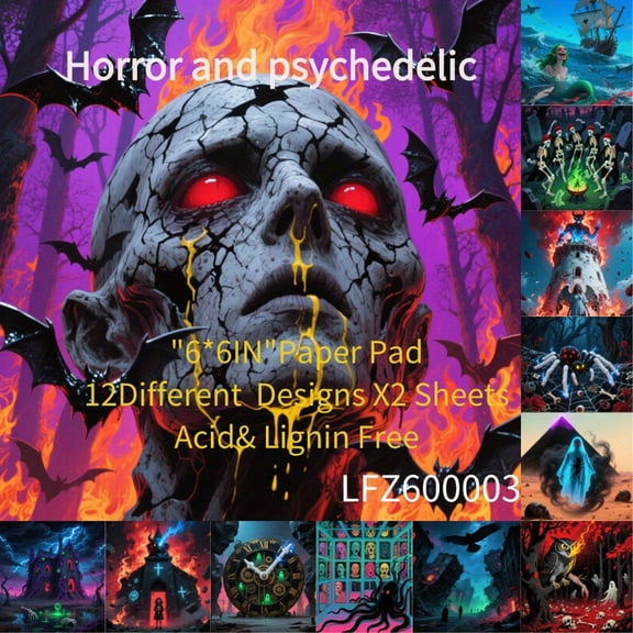 24pcs Halloween Scrapbook Embellishments 6x6 Inch Horror Designs with Skulls Bats Fiery Backgrounds Acid Free for Journaling Collages Crafts
