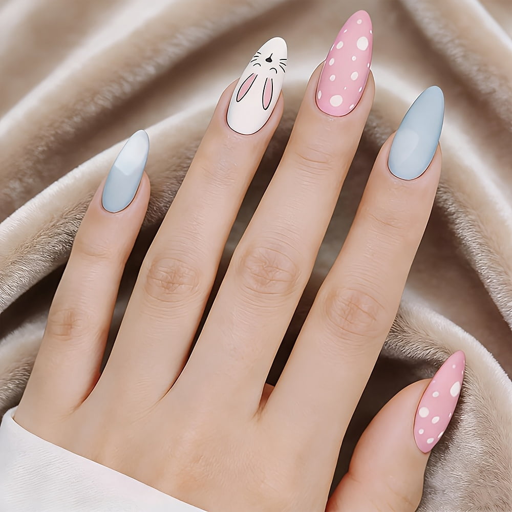 24pcs Handmade Medium Almond Press On Nails for Women Pink Blue Rabbit ...