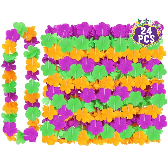 24pcs Hawaiian Leis Bulk Luau Party Silk Flower Necklace Colorful Tropical Hawaiian Bulk Hula Dance Party Decor Flower Leis Summer Beach Pool Party Decorations Favors Supplies