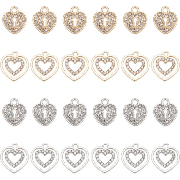 24pcs Heart Charm Pendants 4 Style Heart Alloy Dangle Pendants Golden Silver Love Charms with Rhinestone
