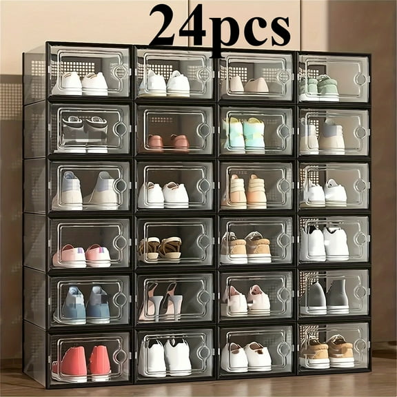 24pcs Heavy-Duty Clear Plastic Shoe Storage Boxes - Stackable Foldable Shoe Organizer with Lids, Space-Saving Shoe Rack for Sneakers/Boots/Heels, Easy Assembly for Home/Dorm/Retail
