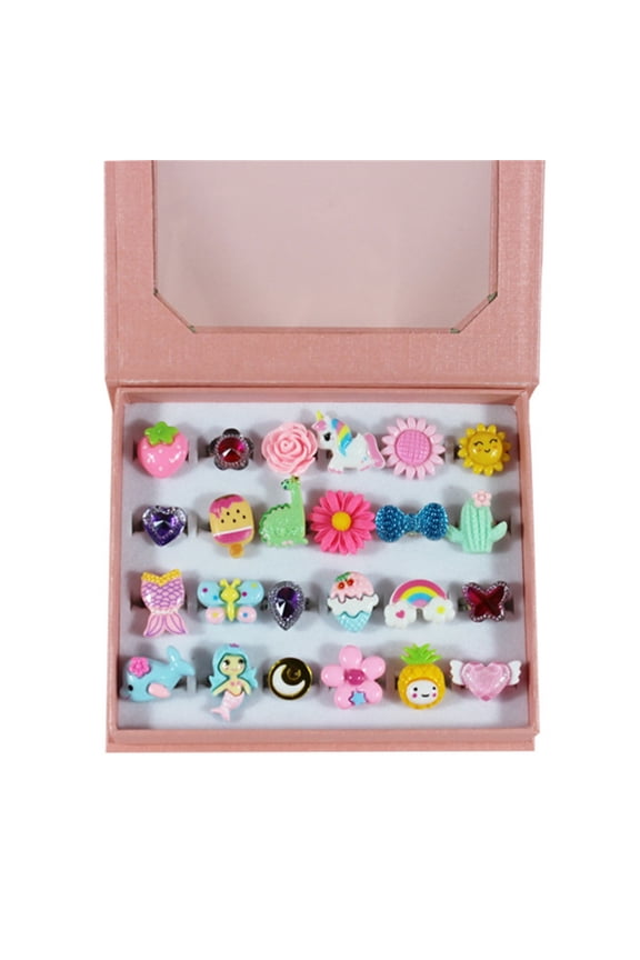 24pcs Kids Role Play Jewelry Rings Box Adjustable Rings Shimmering and Stylish Little Girl Jewelry Rings Crystal Flower