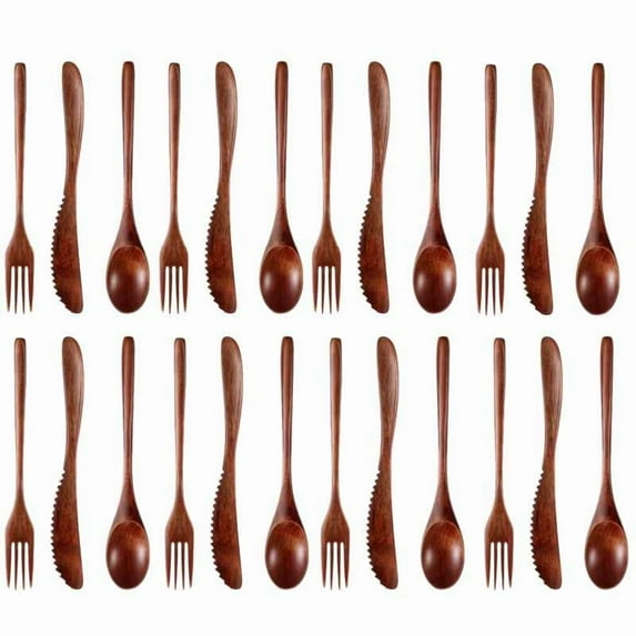 24pcs Kitchen Wooden Flatware - 8 Spoon 8 Fork 8 Knife Cutlery Set, Wooden Dinner Utensil Set Reusable Tableware Cutlery Kitchen Accories for Household Office School Camping