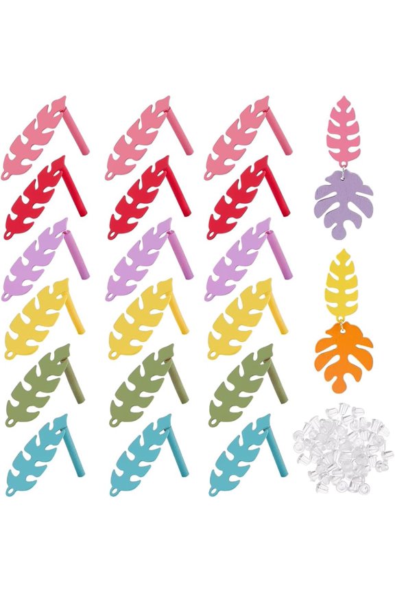 24pcs Leaf Stud Earrings 6 Colors Earring Posts Pin Studs Leaves Spray Painted Iron Earring Pin Studs with Loop and 30pcs Earring Backs for Women DIY Dangle Earring MakingMixed Color
