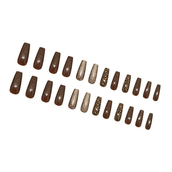 24pcs Leopard Print Coffin Nail Set Press on Nail Fall Winter Full Cover Stick on Nail Manicure Nail Accesories