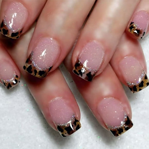24pcs Leopards Print Square Press On Nails Set Artificial Nails for Women and Girls Glossy Acrylic on Nails