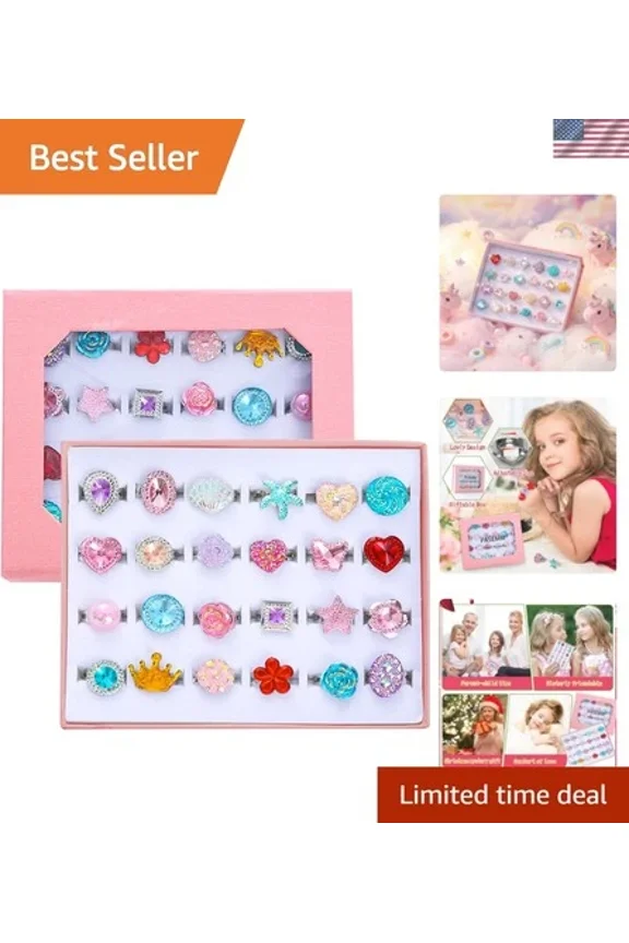 24pcs Little Girl Jewel Rings, Adjustable, No Duplication Kids Play Ring in B...