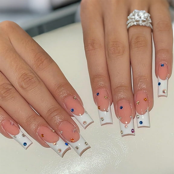 24pcs Long Square Press On Nails With Colorful Rhinestones For Women And Girls French Manicure Nails Art Decoration