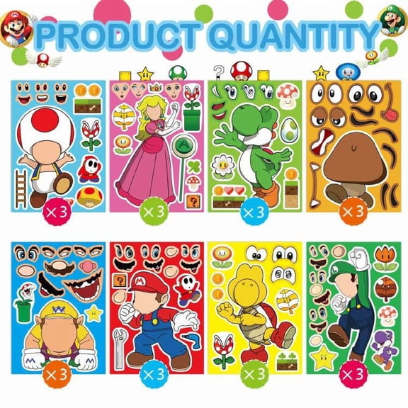 24pcs Make-a-face Stickers Sheets Make Your Own Stickers,Mixed & Matched with 8 Designed Characters(3 of Each) for Party Favors Supplies, Reward, Decor,Gift Idea
