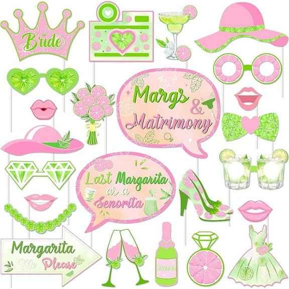 24pcs Margs & Matrimony Pink Green Photo Booth Props, Bachelorette Party Decorations, Engagement Photo Props, Bridal Shower Decorations