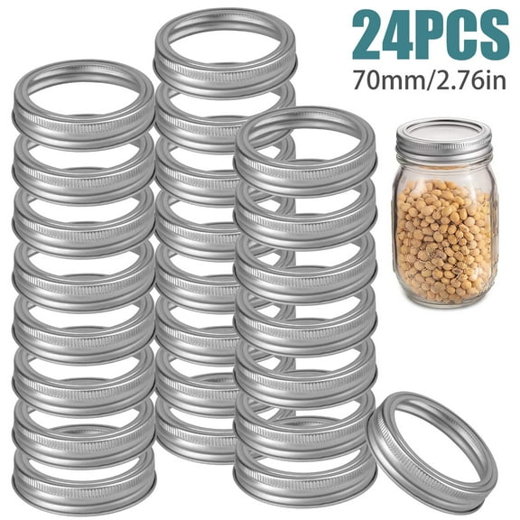 24pcs Mason Jar Replacement Metal Rings,70mm Regular Mouth Rustproof Screw Bands,Tinplate Rings for Canning Lid,Silver