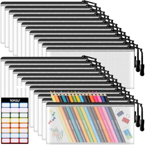 24pcs Mesh Zipper Pouch Bags 9.3 x 4.7 Inches, Black Small Clear Pouches Bulk, Travel Cosmetics Organization, Classroom and Office Supplies