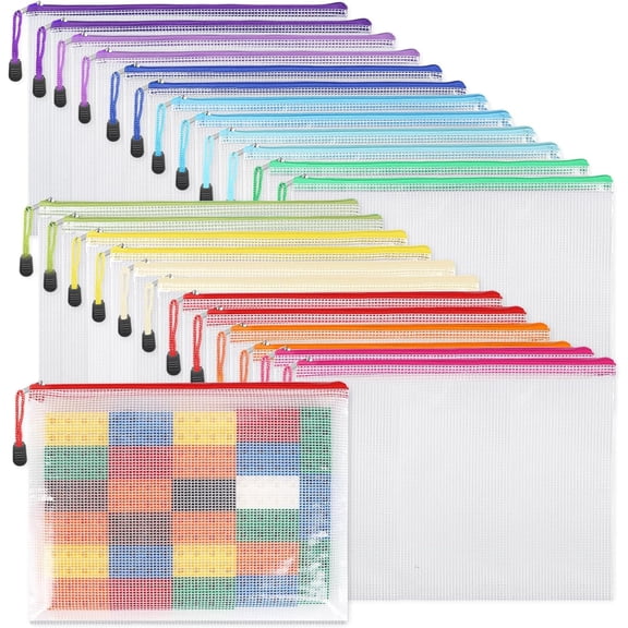 24pcs Mesh Zipper Pouch Bags A4 Document Bag, 13.5x9 Inches, Plastic Zip File Folders, Puzzles, Board Game Storage for Organizing Office Home