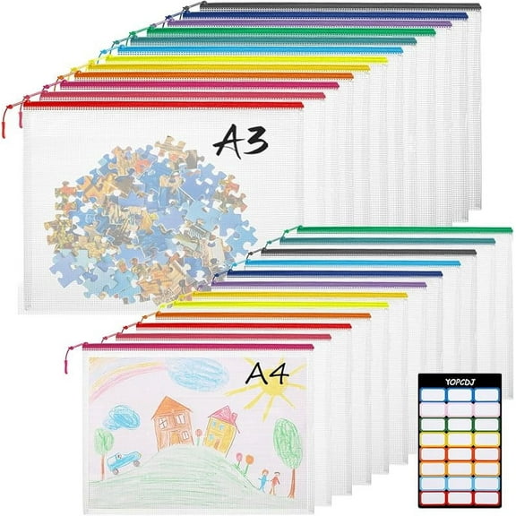 24pcs Mesh Zipper Pouch File Bags Puzzle Storage Bags, A3 17x12 Inches Large Reusable Zipper Pouches for Organizing Classroom Board Game Organization