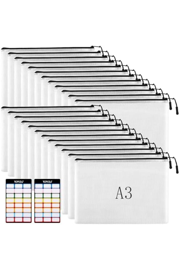 24pcs Mesh Zipper Pouches, A3 Size 17 x 12 inches Waterproof Black Zipper Bags, Water-Resistant Plastic Zipper Pouch for School Office Supplies, Puzzles & Games Organizing Storage
