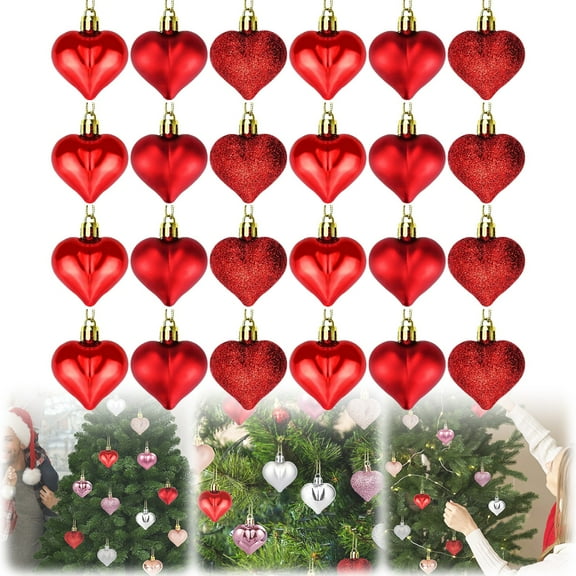24pcs Mini Heart Hanging Ornaments – Mixed Finish Red Heart Baubles for Christmas Tree, Valentine’s Day, Wedding, Anniversary, Party & DIY Craft Decorations