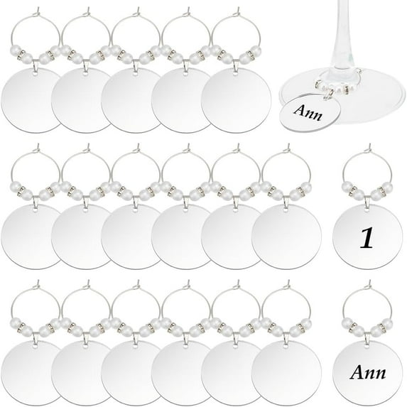 24pcs Mirror Surface Acrylic Wine Glass Charms with Imitated Pearl Acrylic Beads and Brass Rings Flat Round Silver 68mm Acrylic