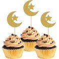24pcs Moon Star Cupcake Topper Glitter Eid Mubarak Cake Toppers Food