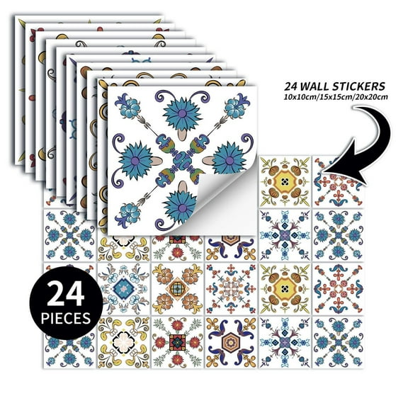 24pcs Moroccan Style Wall Tile Stickers Kitchen Bathroom Self-Adhesive Mosaic
