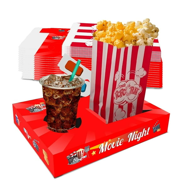 24pcs Movie Night Snack Trays with Popcorn Bags and Food Trays, Movie Night Supplies for Movie Theater Family Birthday Party, Outdoor Movie Night Boxes Accessories Kit
