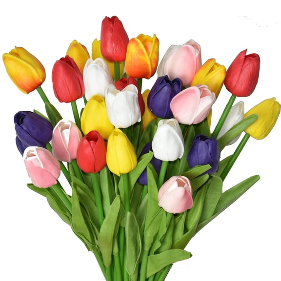 24pcs Multicolor Artificial Tulips Flowers Fake Faux PU Tulip Bouquet