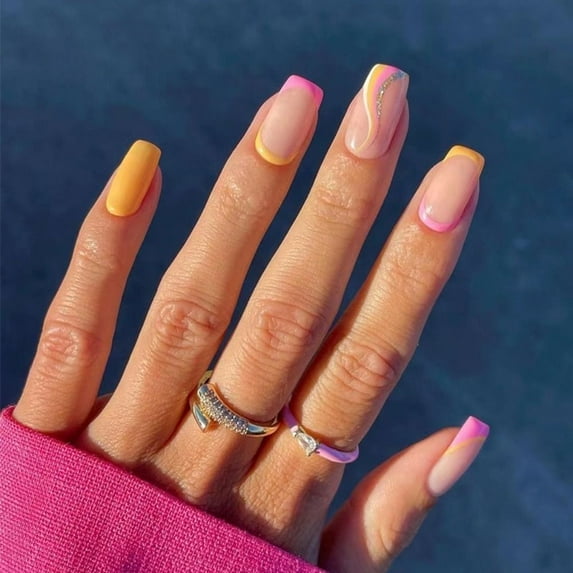 24pcs Nail Tips Fake Nials Manicure Press on Nails Blue Diamond Check False Nails French Short Square JP2259