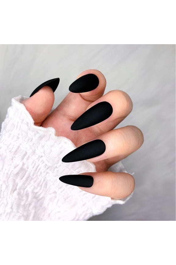 24pcs Fake Nails Matte Pure Color Medium Long Stiletto Almond Press on Nail False Tips Artificial Finger Manicure for Women and Girls (Black)