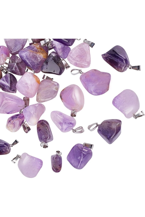 24pcs Natural Amethyst Pendants with Stainless Steel Snap On Bails Different Shape Large Hole Charms for DIY DIY Jewelry Making Hole 3x7.5mm
