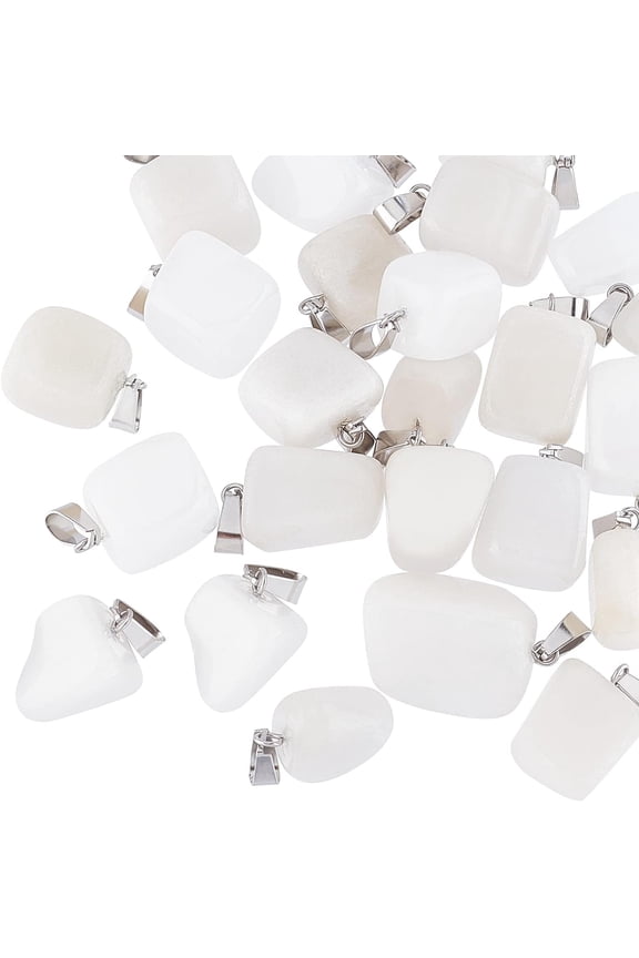 24pcs Natural White Jade Pendants with Stainless Steel Snap On Bails Stone Charm Mixed Nugget Pendant 3x7.5mm Large Hole Dangle Charm for Bracelet Necklace Making Silver DIY