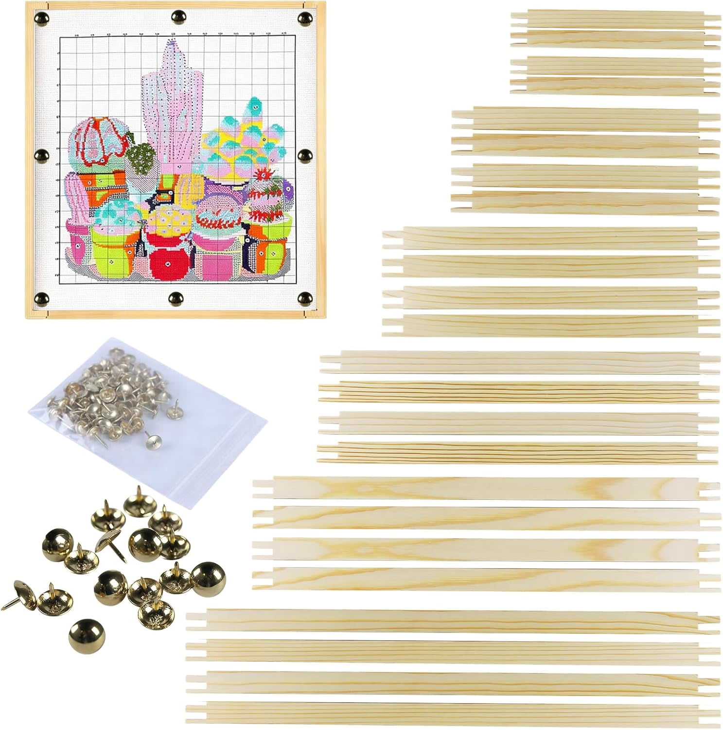 24pcs Needlepoint Stretcher Bars Kit – Canvas Frames for 6/8/10/12/14/16 Inch, Combine to Create 21 Frame Sizes, Includes 150 Thumb Tacks, Wood Frames for Painting, Embroidery, Needlework, Posters