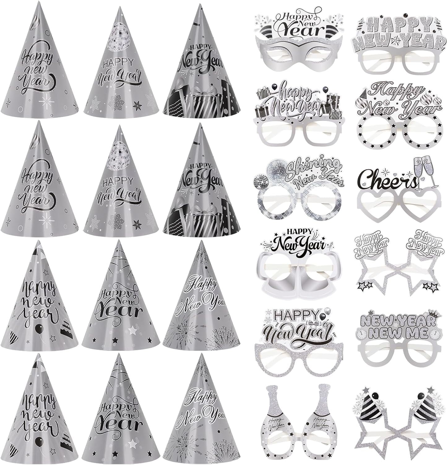 24pcs New Years Eve Party Supplies, Black Silver New Years Eve Cone ...