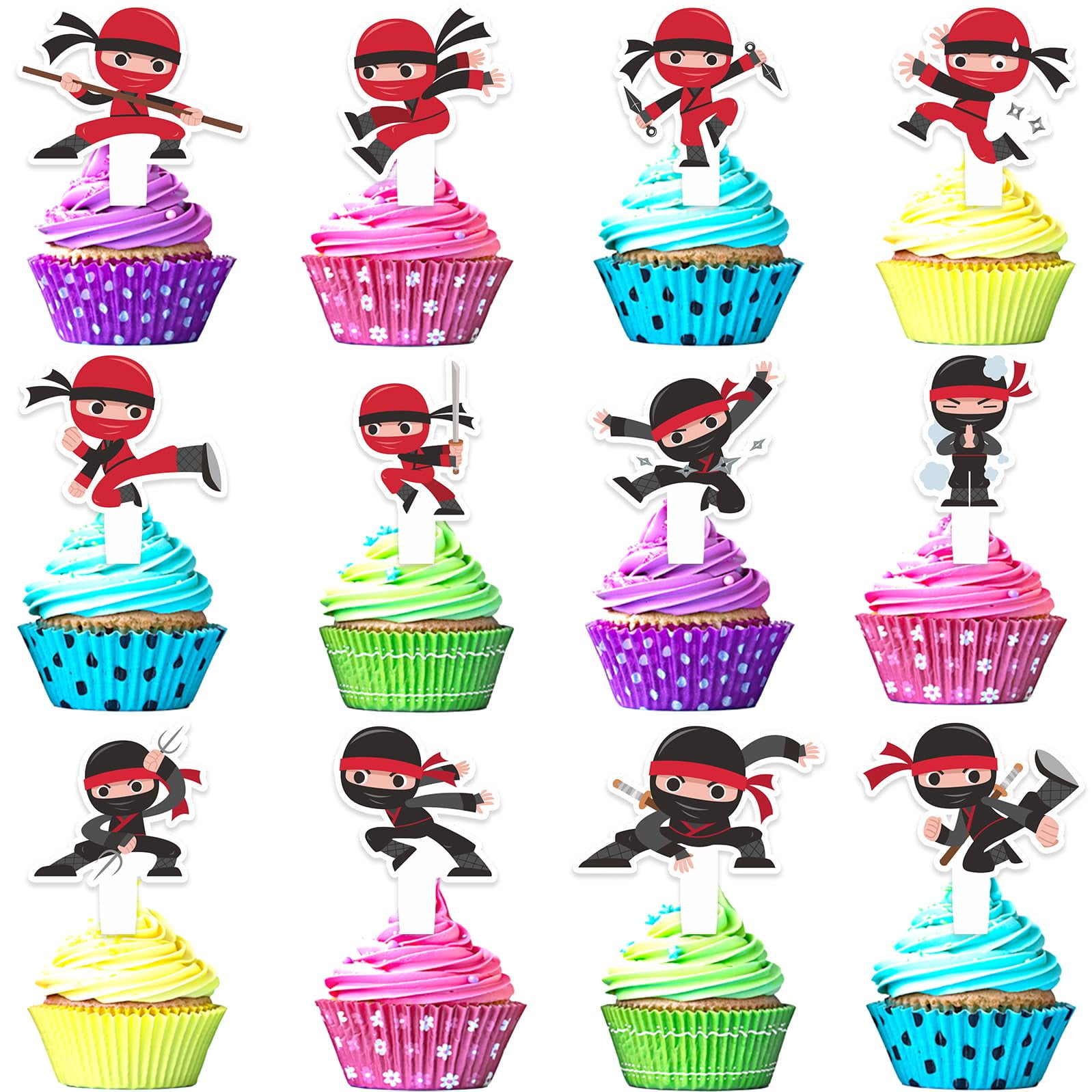 Ninja Happy Birthday Cake Topper - Black Glitter Kung Fu Warrior Pick For Ninja Theme Party, Baby Shower, Decor