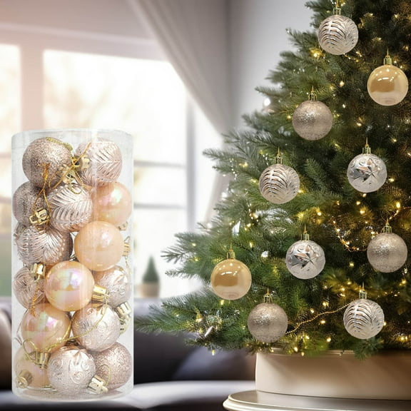 24pcs Painted Plastic Christmas Ball Ornaments - Festive Bucket-Packed Tree Decoration Pendants, Colorfast Hanging Decor for Xmas Tree Trimming, Holiday Parties & Mantel Displays, 1.51*2in, Beige