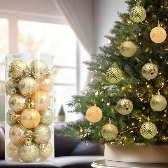 24pcs Painted Plastic Christmas Ball Ornaments - Festive Bucket-Packed Tree Decoration Pendants, Colorfast Hanging Decor for Xmas Tree Trimming, Holiday Parties & Mantel Displays, 1.51*2in, Gold